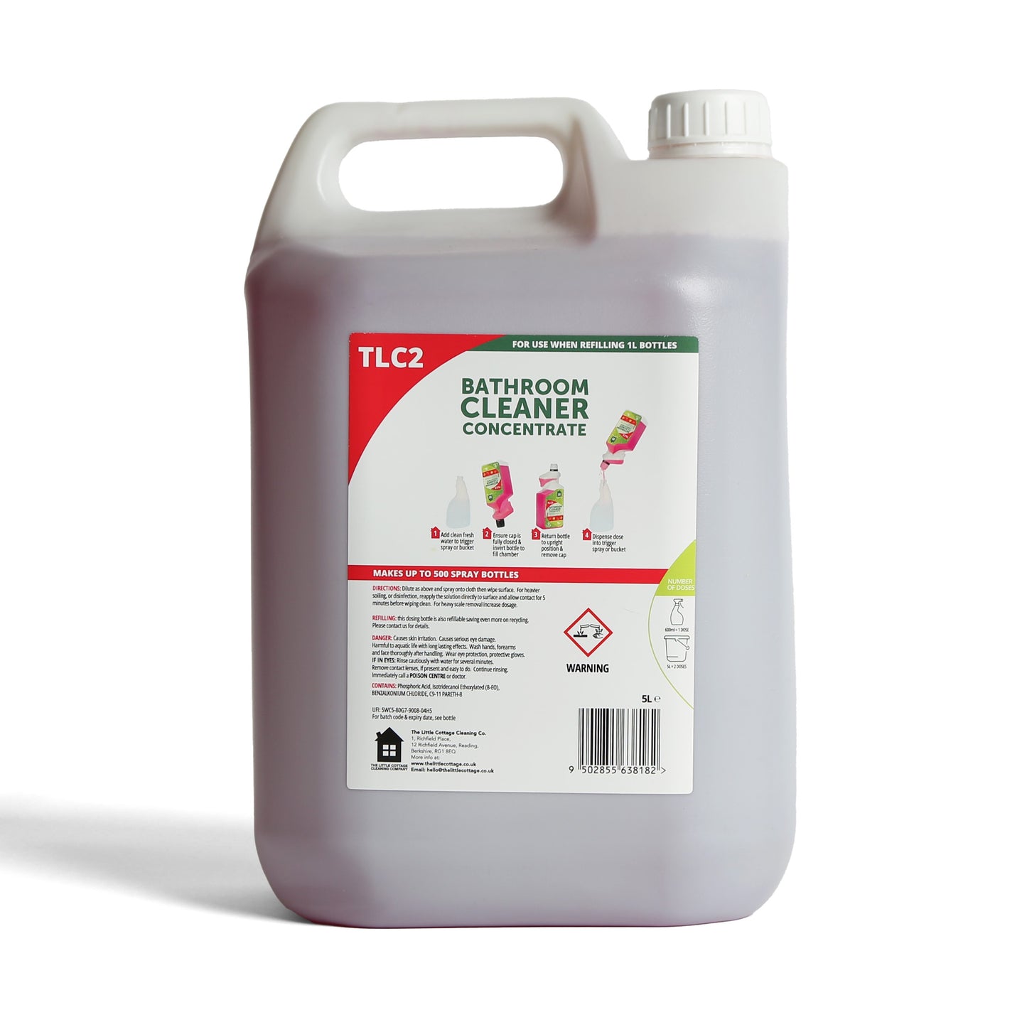 500 dose Eco Bathroom Cleaner Concentrate. Removes 99.99% of bacteria, plant based, made in the UK and biodegradable. Makes 500 spray bottles. By The Little Cottage Cleaning Company