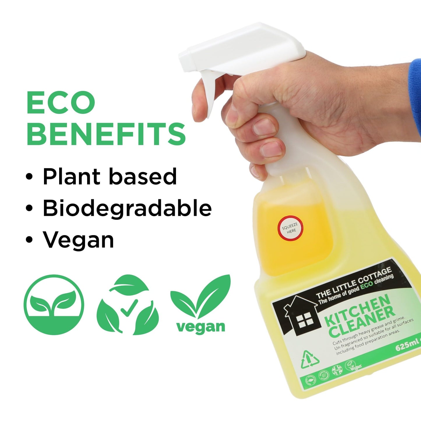 9 bottles in 1 Eco Kitchen Cleaner 625ml. Powerful degreasing action cuts through grime and grease effectively Plant based and biodegradable. Supplied ready to use with a further 8 refills. UK Made.