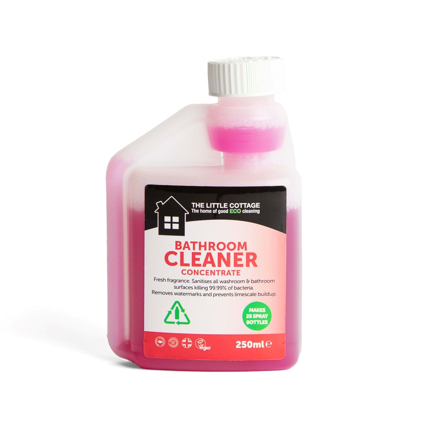 25 dose Eco Bathroom Cleaner Concentrate. Removes 99.99% of bacteria, plant based, made in the UK and biodegradable. Makes 25 spray bottles. By The Little Cottage Cleaning Company