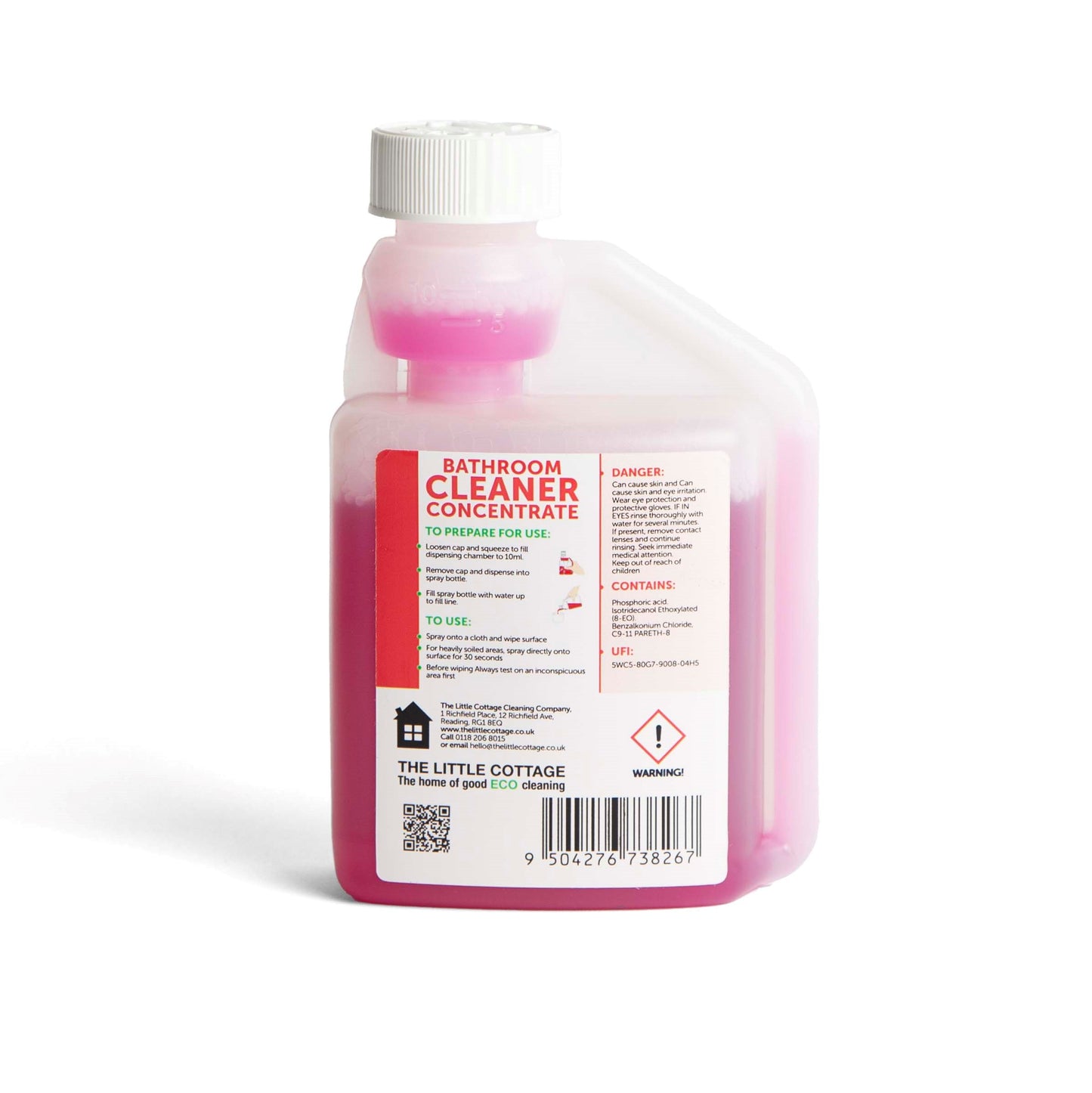 25 dose Eco Bathroom Cleaner Concentrate. Removes 99.99% of bacteria, plant based, made in the UK and biodegradable. Makes 25 spray bottles. By The Little Cottage Cleaning Company