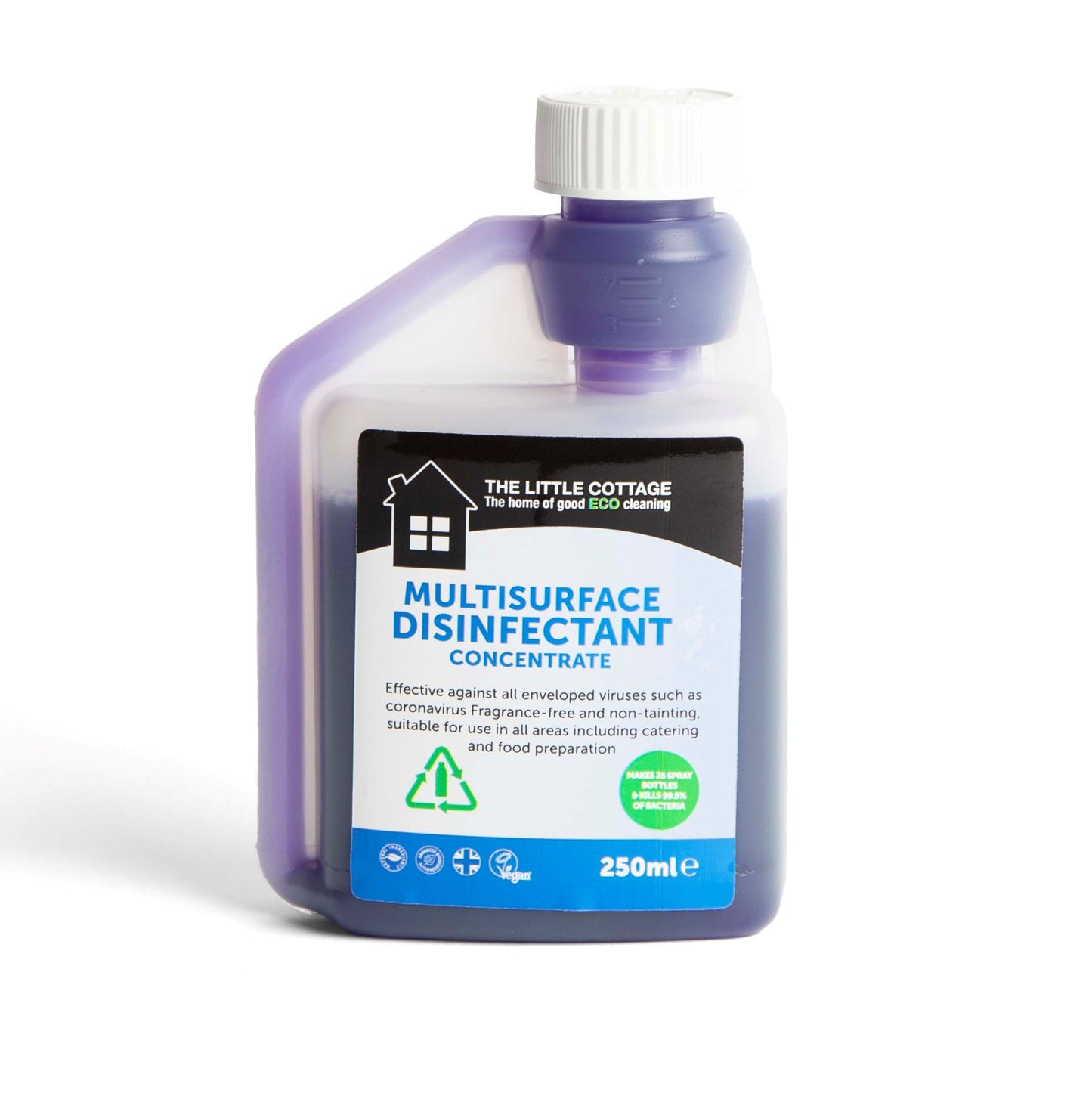25 Dose Multi Surface Disinfectant. Suitable for all hard surfaces. Kills 99.99% of bacteria and effective against enveloped viruses such as coronavirus. Makes 25 spray bottles UK Made