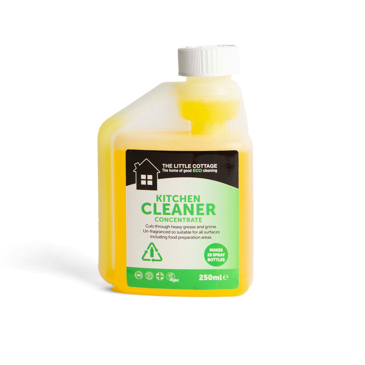 25 dose Eco Kitchen Cleaner and Degreaser Concentrate. Plant based, made in the UK and biodegradable, makes 25 spray bottles. By The Little Cottage Cleaning Company