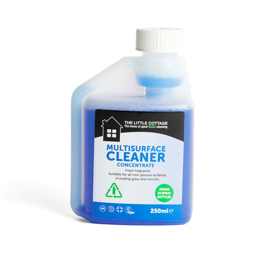 25 dose Eco Multisurface Cleaner Concentrate. Plant based, made in the UK and biodegradable. Suitable for glass and mirrors. Makes 25 spray bottles. By The Little Cottage Cleaning Company