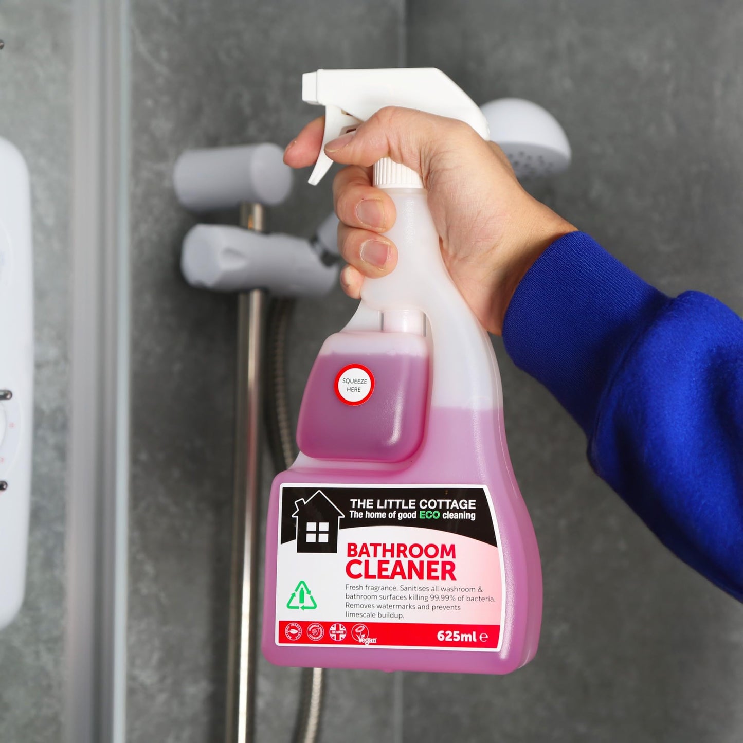 9 bottles in 1 Eco Bathroom Cleaner 625ml. Kills 99.99% of bacteria, removes watermarks and prevents limescale build up. Plant based and biodegradable. Supplied ready to use with further 8 refills.