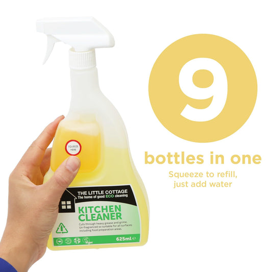 9 bottles in 1 Eco Kitchen Cleaner 625ml. Powerful degreasing action cuts through grime and grease effectively Plant based and biodegradable. Supplied ready to use with a further 8 refills. UK Made.