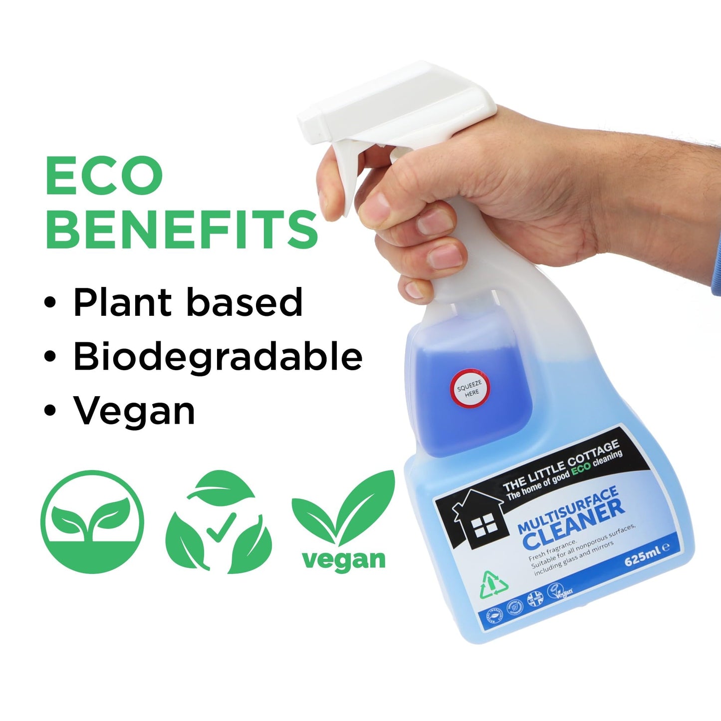 9 bottles in 1 Eco Multi Surface Cleaner 625ml. Suitable for all hard surfaces including glass and mirrors. Plant based and biodegradable. Supplied ready to use with further 8 refills. UK Made