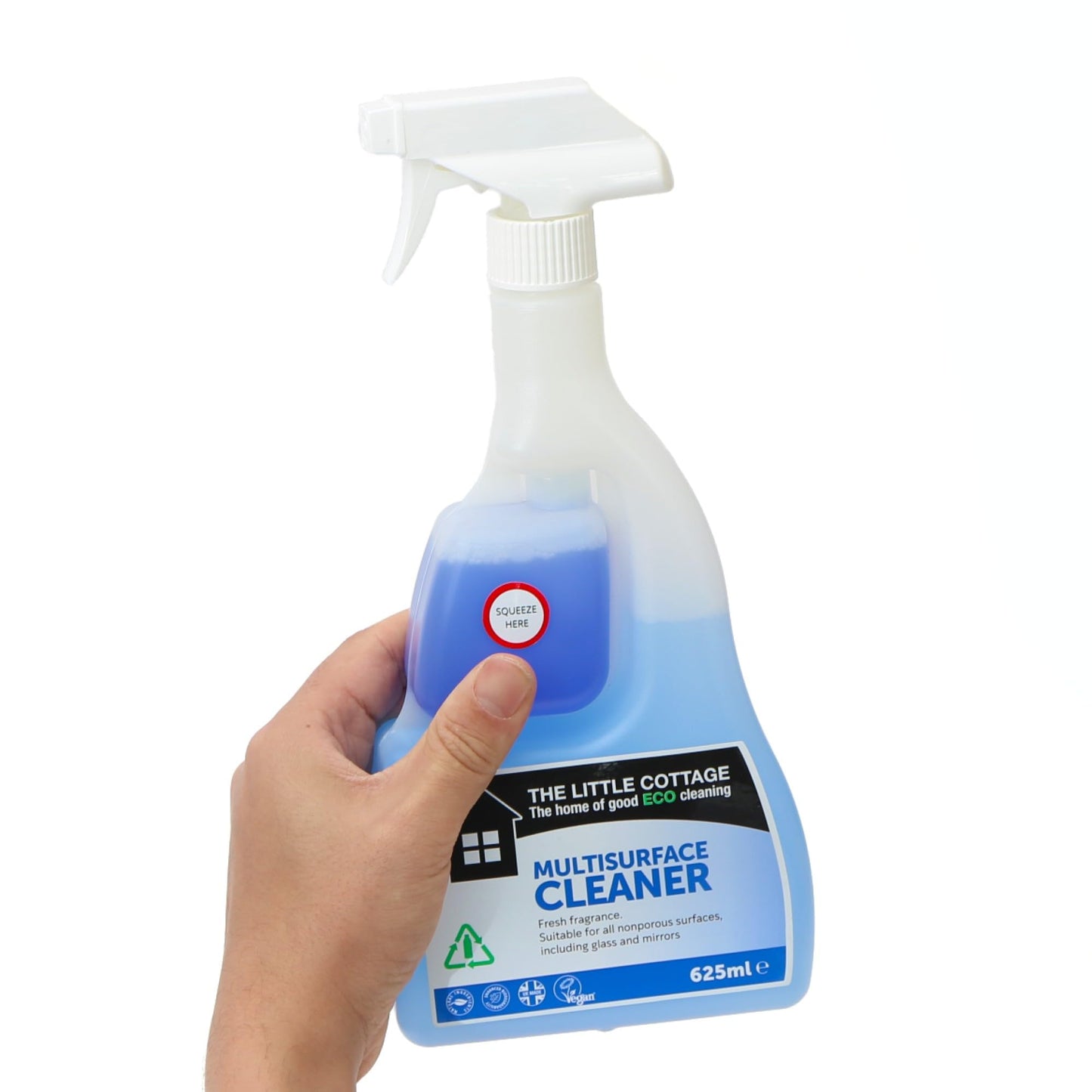 9 bottles in 1 Eco Multi Surface Cleaner 625ml. Suitable for all hard surfaces including glass and mirrors. Plant based and biodegradable. Supplied ready to use with further 8 refills. UK Made