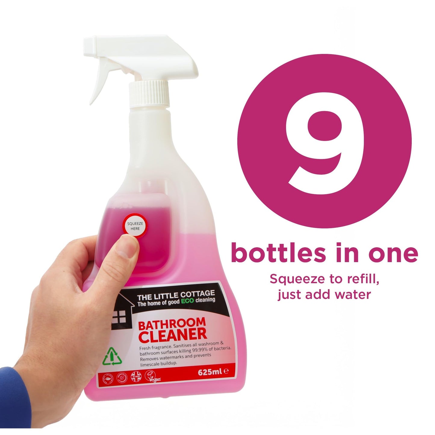 9 bottles in 1 Eco Bathroom Cleaner 625ml. Kills 99.99% of bacteria, removes watermarks and prevents limescale build up. Plant based and biodegradable. Supplied ready to use with further 8 refills.