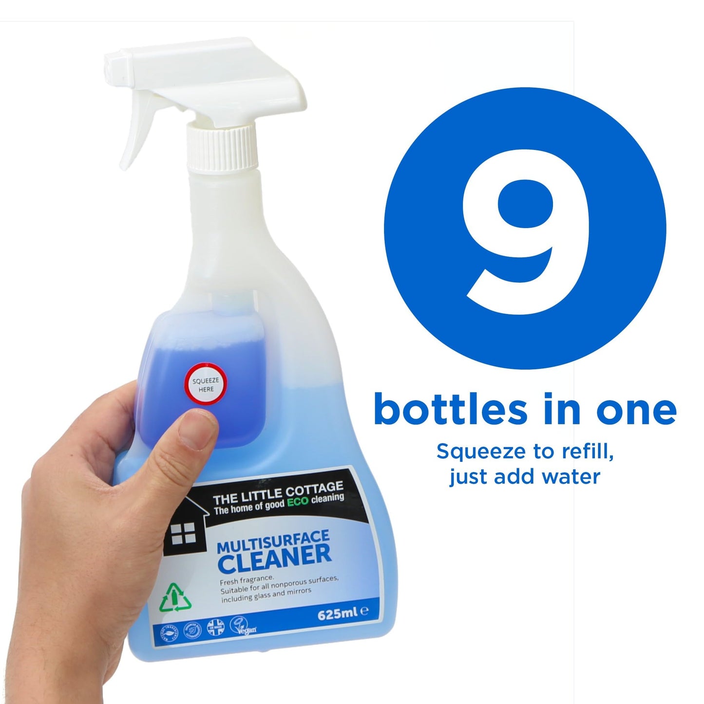 9 bottles in 1 Eco Multi Surface Cleaner 625ml. Suitable for all hard surfaces including glass and mirrors. Plant based and biodegradable. Supplied ready to use with further 8 refills. UK Made
