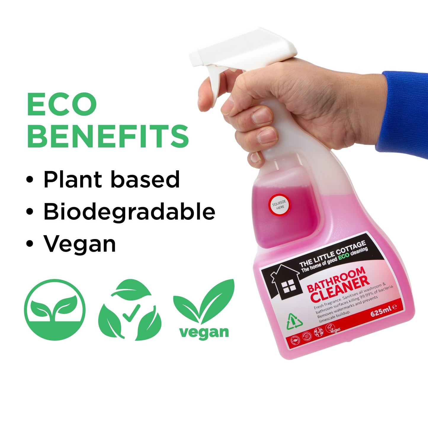 9 bottles in 1 Eco Bathroom Cleaner 625ml. Kills 99.99% of bacteria, removes watermarks and prevents limescale build up. Plant based and biodegradable. Supplied ready to use with further 8 refills.