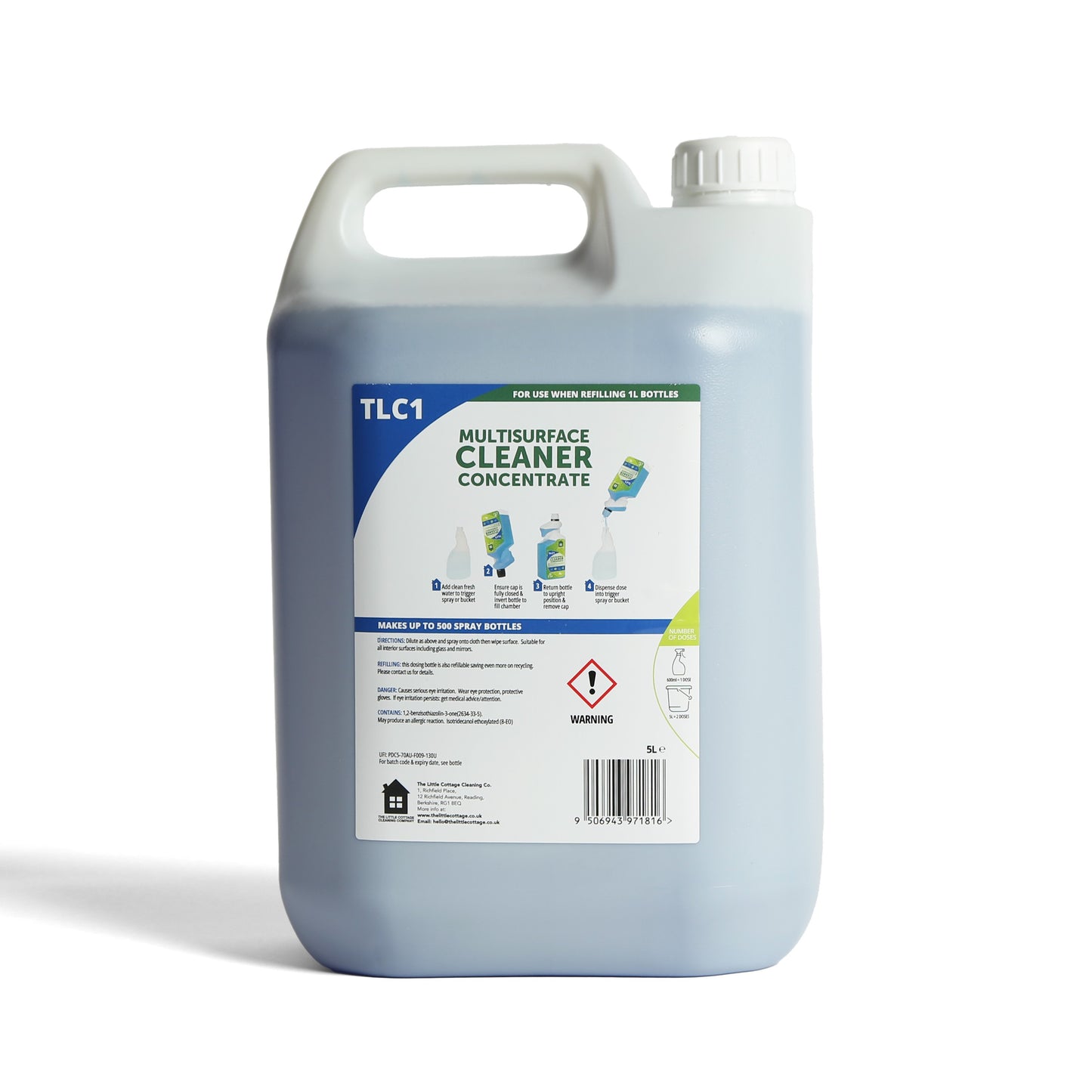 500 dose Eco Multisurface Cleaner Concentrate. Plant based, made in the UK and biodegradable. Suitable for glass and mirrors. Makes 500 spray bottles. By The Little Cottage Cleaning Company