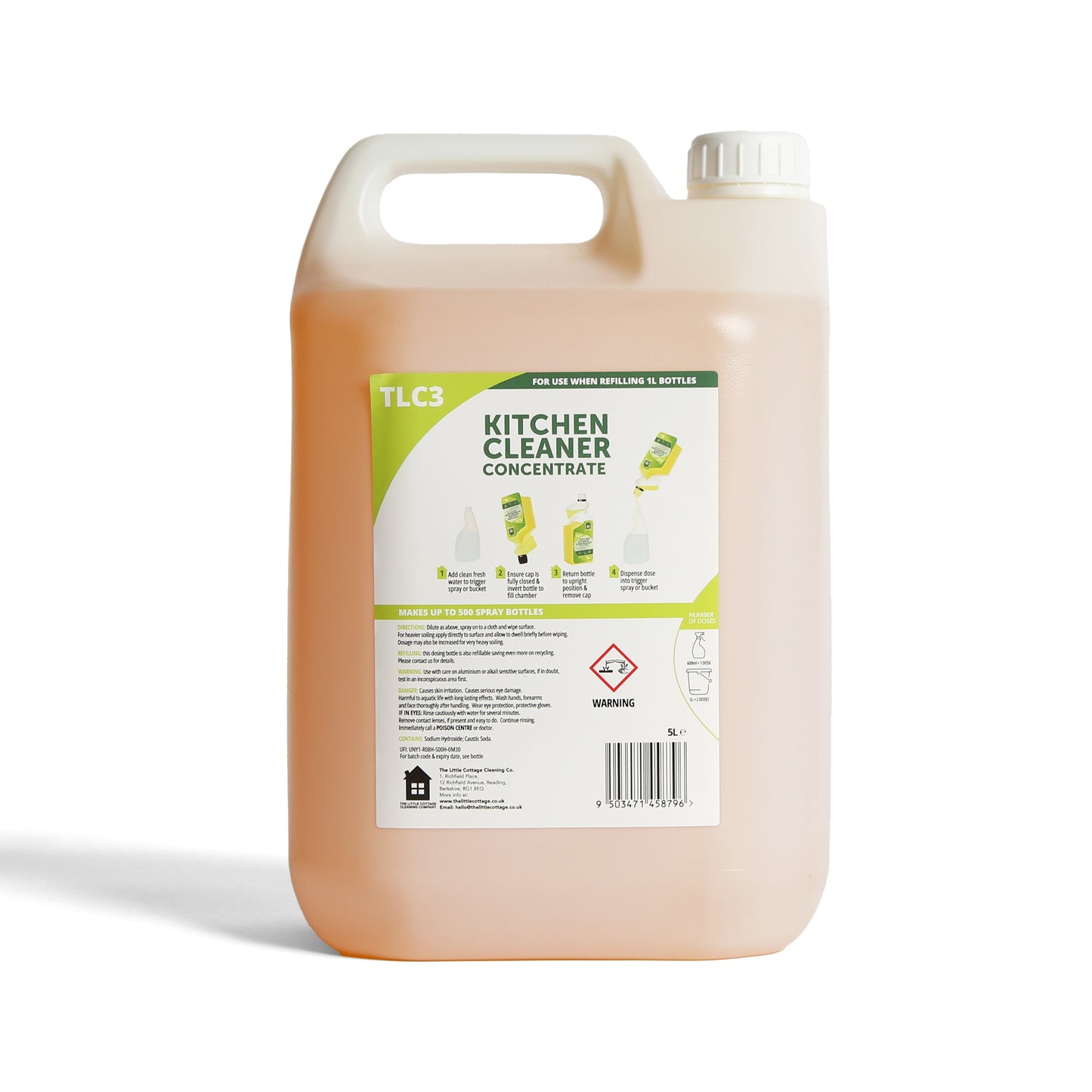 500 dose Eco Kitchen Cleaner and Degreaser Concentrate. Plant based, made in the UK and biodegradable, makes 500 spray bottles. By The Little Cottage Cleaning Company