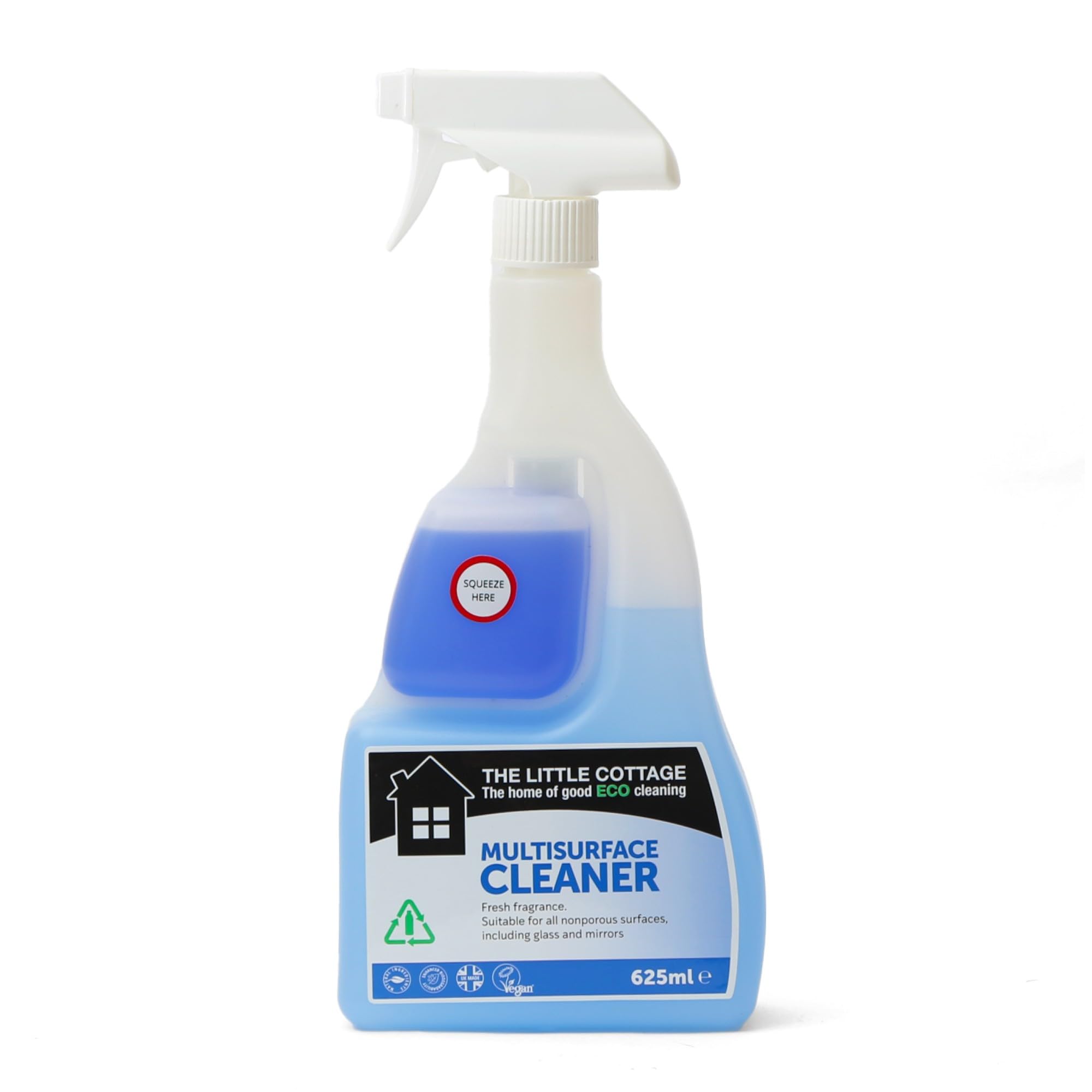 9 bottles in 1 Eco Multi Surface Cleaner 625ml. Suitable for all hard surfaces including glass and mirrors. Plant based and biodegradable. Supplied ready to use with further 8 refills. UK Made