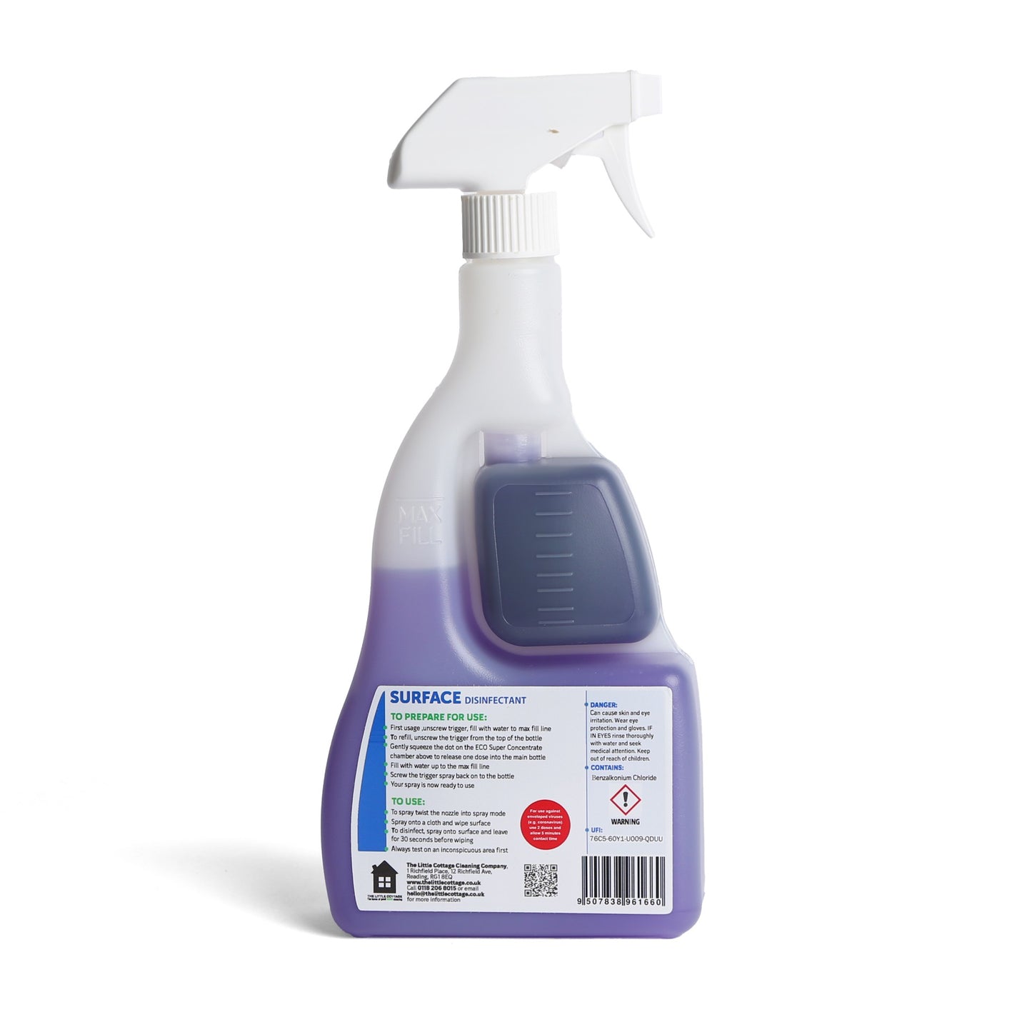 9 bottles in 1 Eco Multi Surface Disinfectant 625ml. Kills 99.99% of bacteria and enveloped viruses (such as coronavirus) Plant based and biodegradable. Supplied ready to use with further 8 refills. UK Made